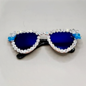Sunglasses with White Rhinestones and White/Blue Flower Accents