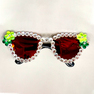 Sunglasses with White Rhinestones and Green Flower Accents