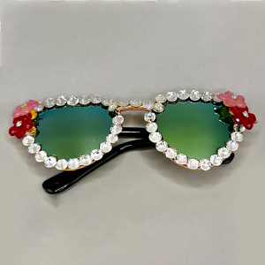 Sunglasses with White Rhinestones and Pink Flowers Accents