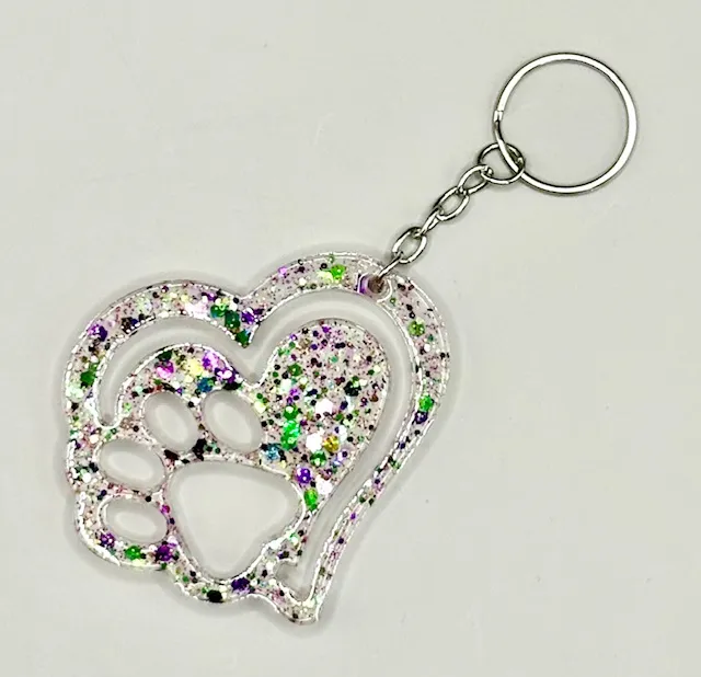 Acrylic Color Heart Hollow Paw Print Key Chain Purple/Green Multi